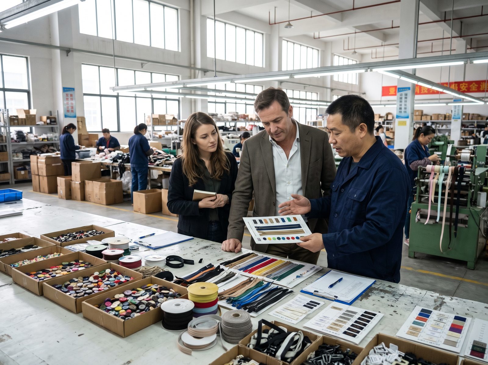 International visitors reviewing apparel trim samples with the NaikeCraft team on the factory floor