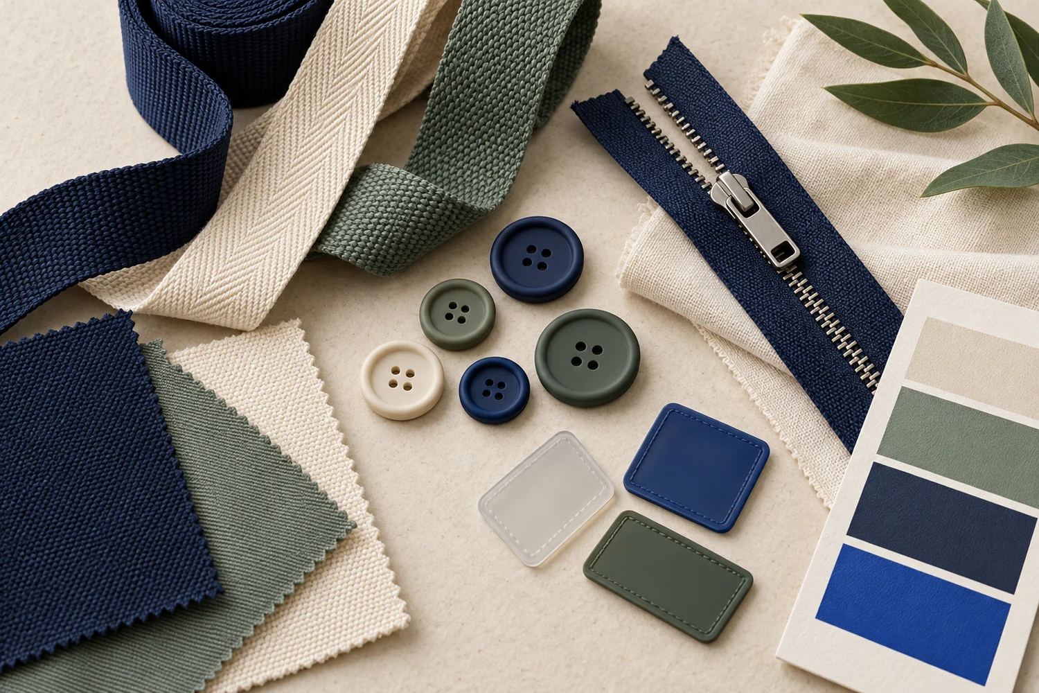Illustrative assortment of apparel trim materials, webbing, buttons, zipper and color references